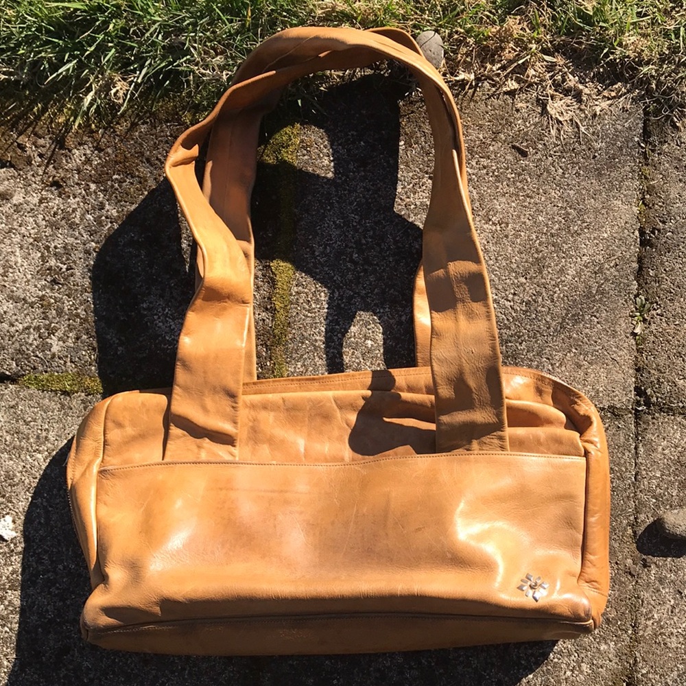 Calleen Cordero Camel/Yellow wide strap handbag